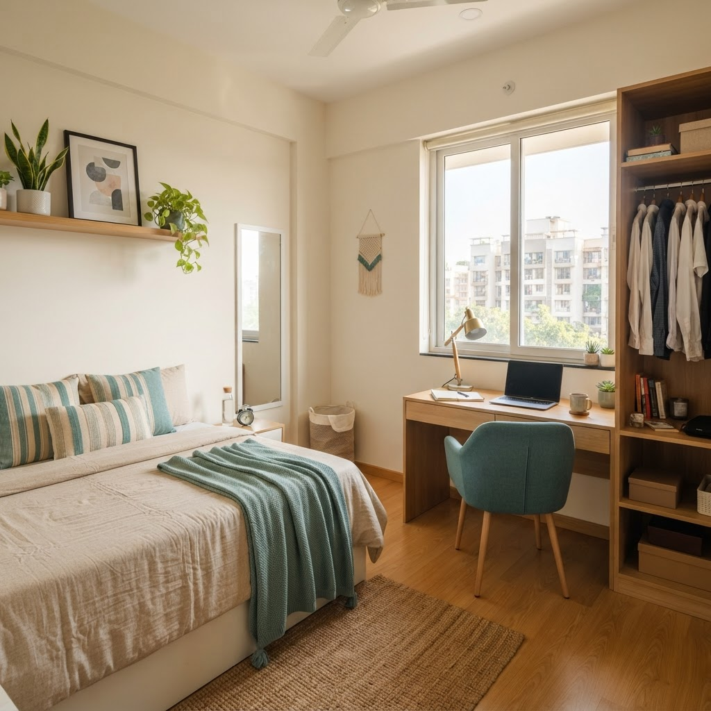 A tidy, well-lit furnished single room in a Mumbai apartment